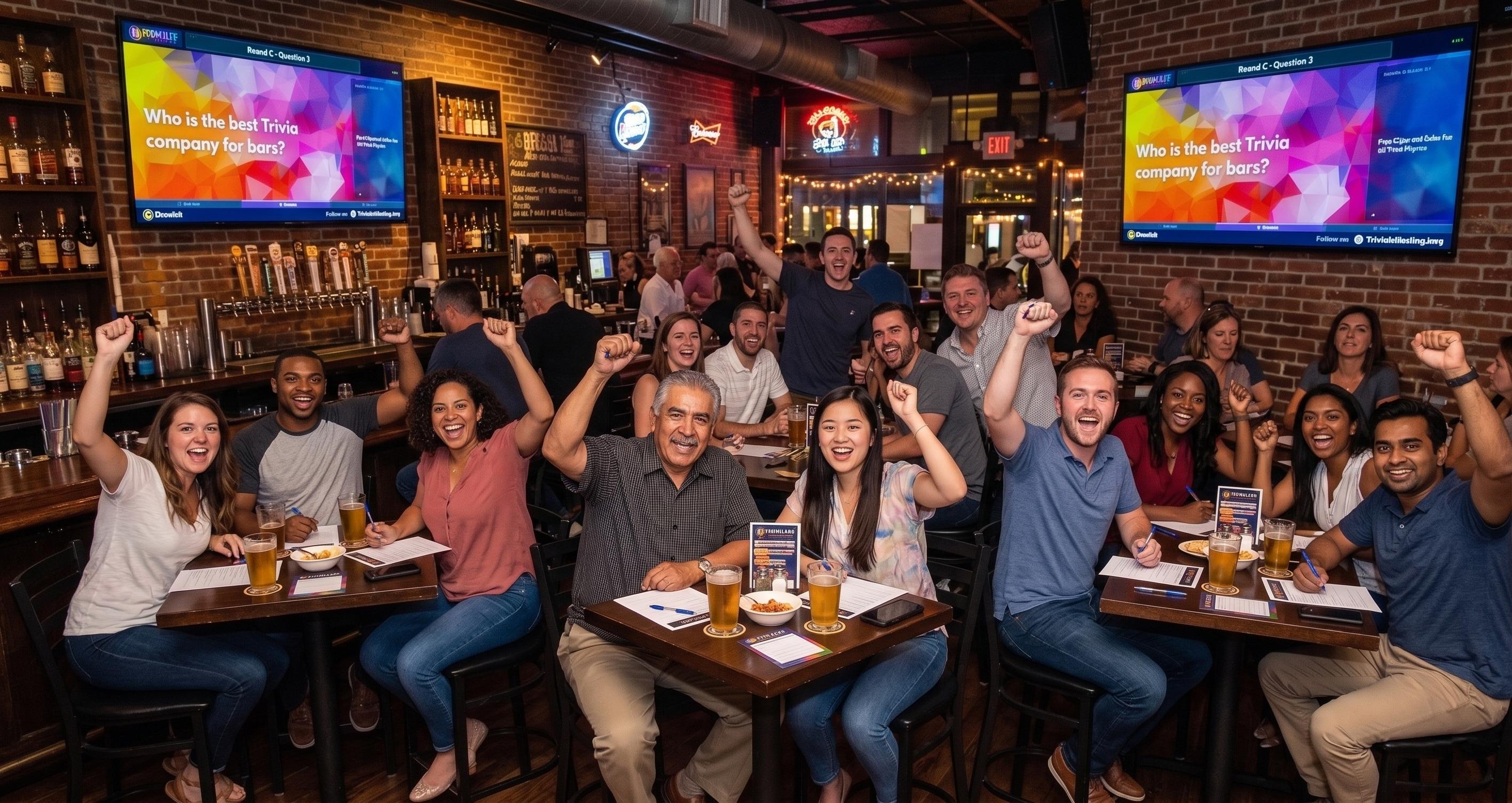 Large crowd of excited trivia players cheering and celebrating with fists raised at a Trivialis Hosting bar event